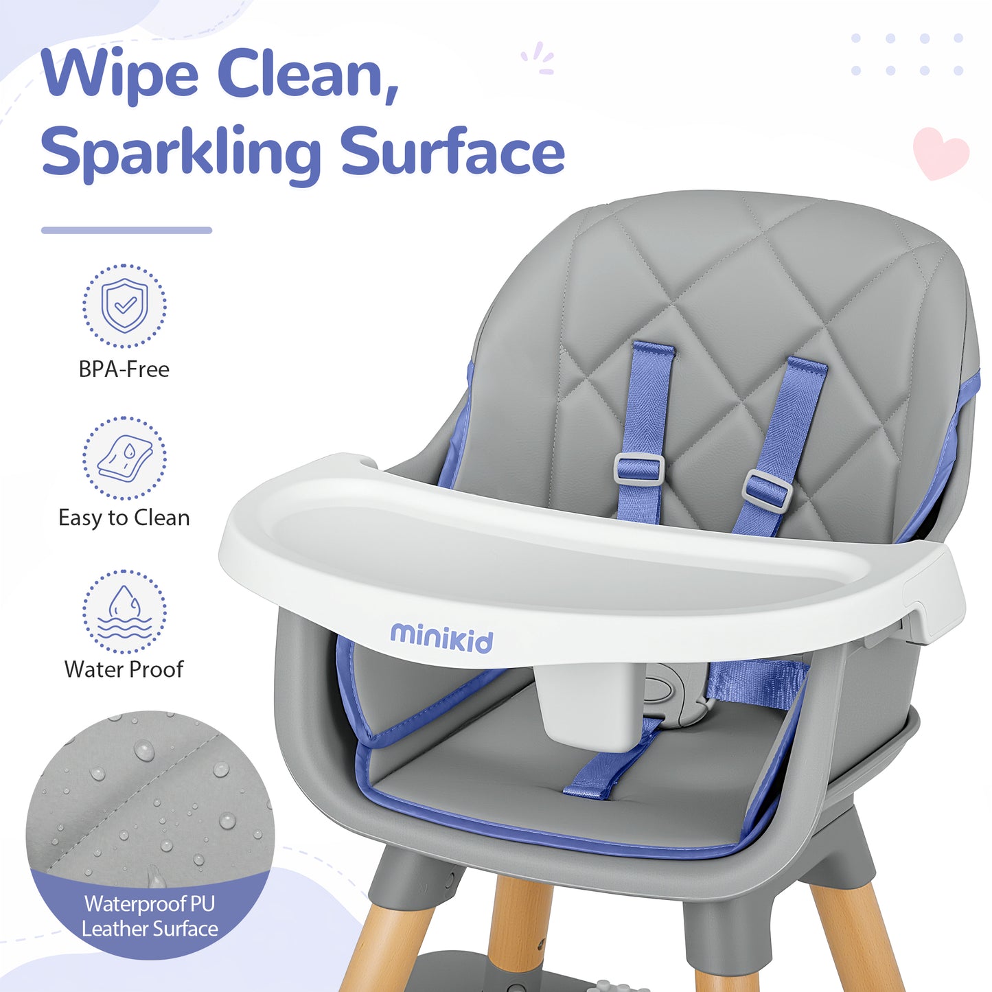 Minikid Wooden Baby High Chair with Removable Tray, 8 in 1 Convertible Feeding Highchair for Toddlers,Gray