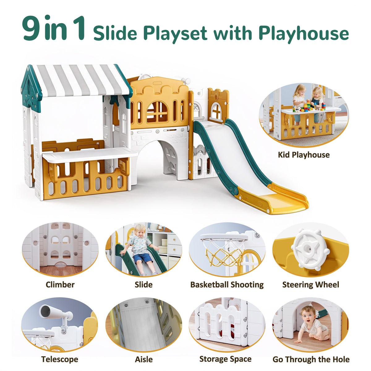 Vipuse Playhouse Playsets with Slide, 9 in 1 Playground Toddler Slide for Indoor Outdoor Backyard,Yellow & Green