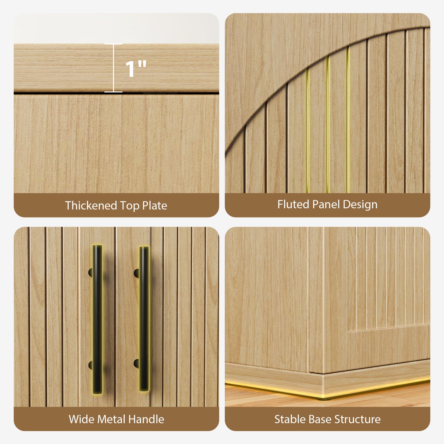 Hijob Modern Fluted Sideboard Cabinet, 63" Long Dressers with Metal Handle w/Curved Profile Design, Wood Mid Century Dresser w/Double-Layered for Living Room, Natural Oak
