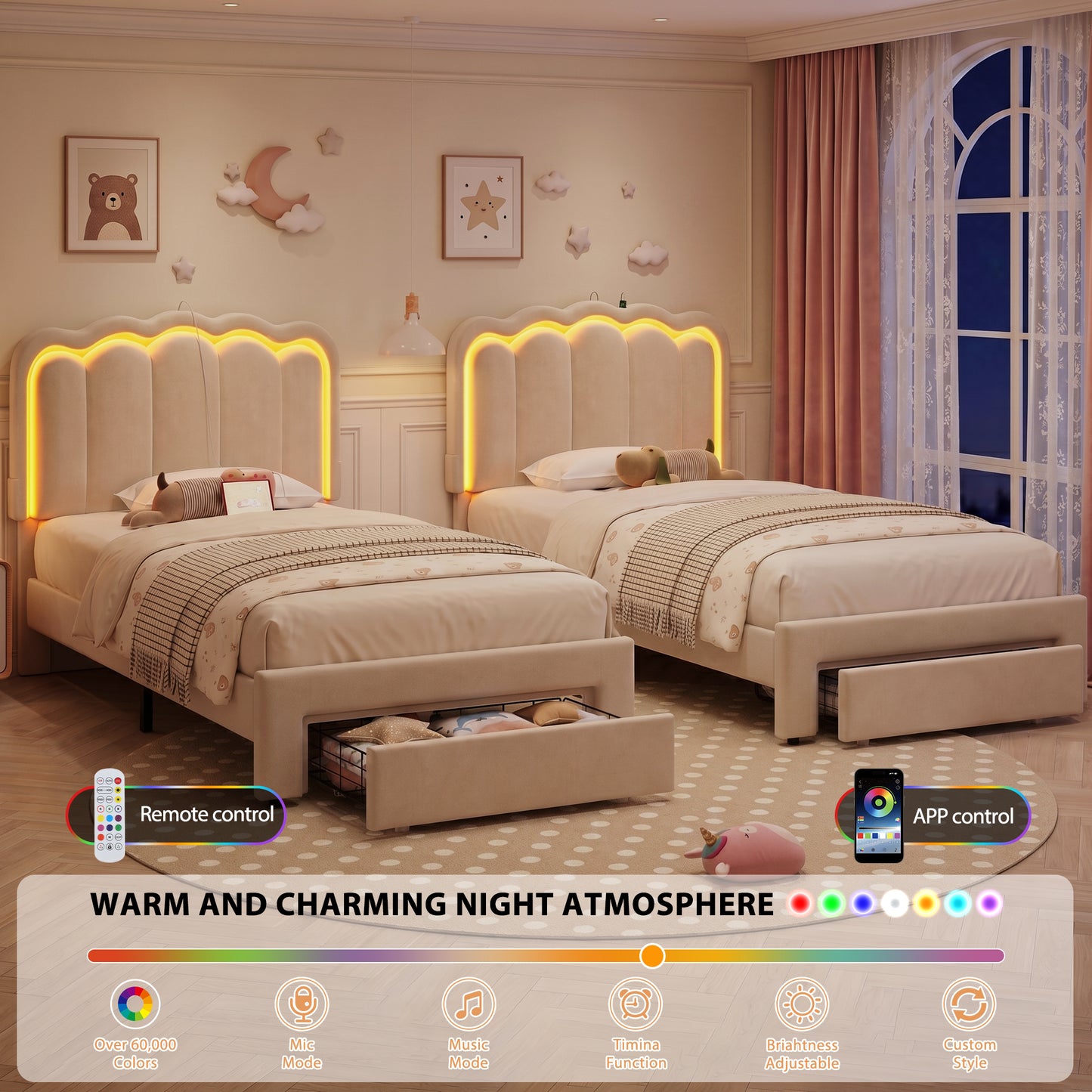Hijob Twin Size LED Bed Frame for Girls/Kids with Storage Drawers, Velvet Upholstered Platform Bed with Adjustable Headboard, No Box Spring Needed, Beige
