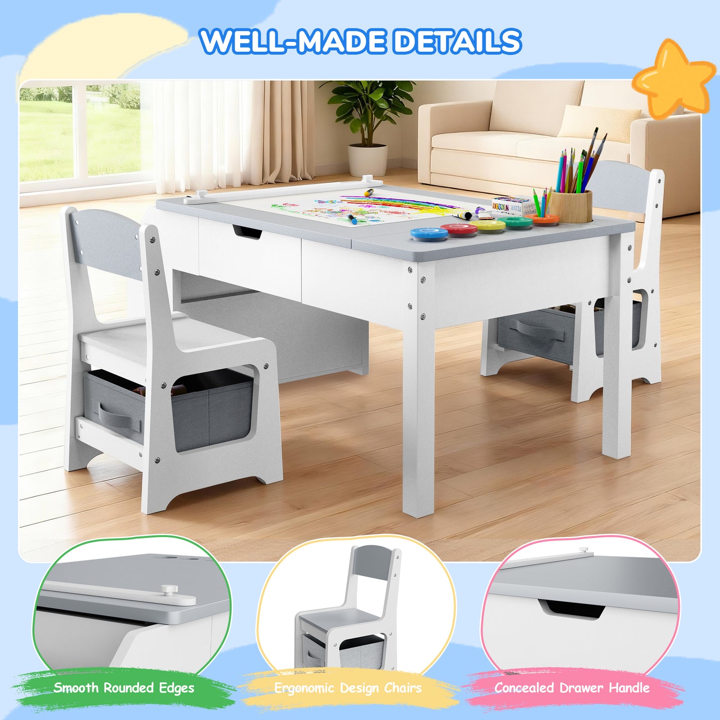 Anyact 5-in-1 Kids Art Table w/Easel, Toddler Craft Table & Chair Set for Drawing with Paper Roll Holder & Storage Drawers, Child Activity Table, Gray