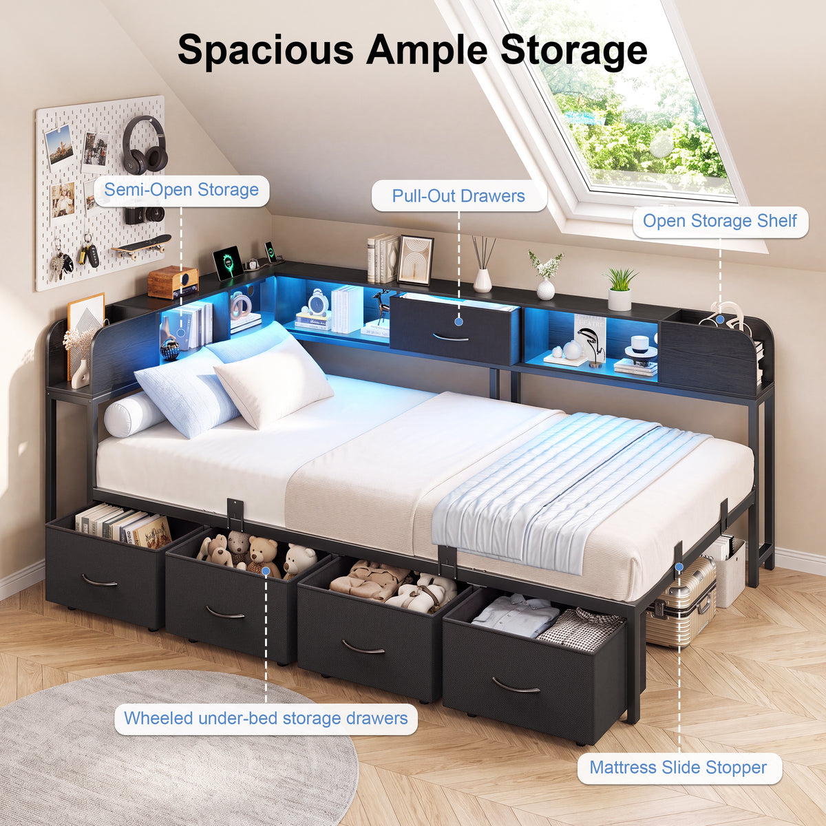 HiJob Twin Corner Bed Frame with 4 Large Underbed Drawers, Bookshelf, RGB LED Lights and Charging Station, L-Shaped Metal Twin Daybed for Bedroom, Apartment, Black