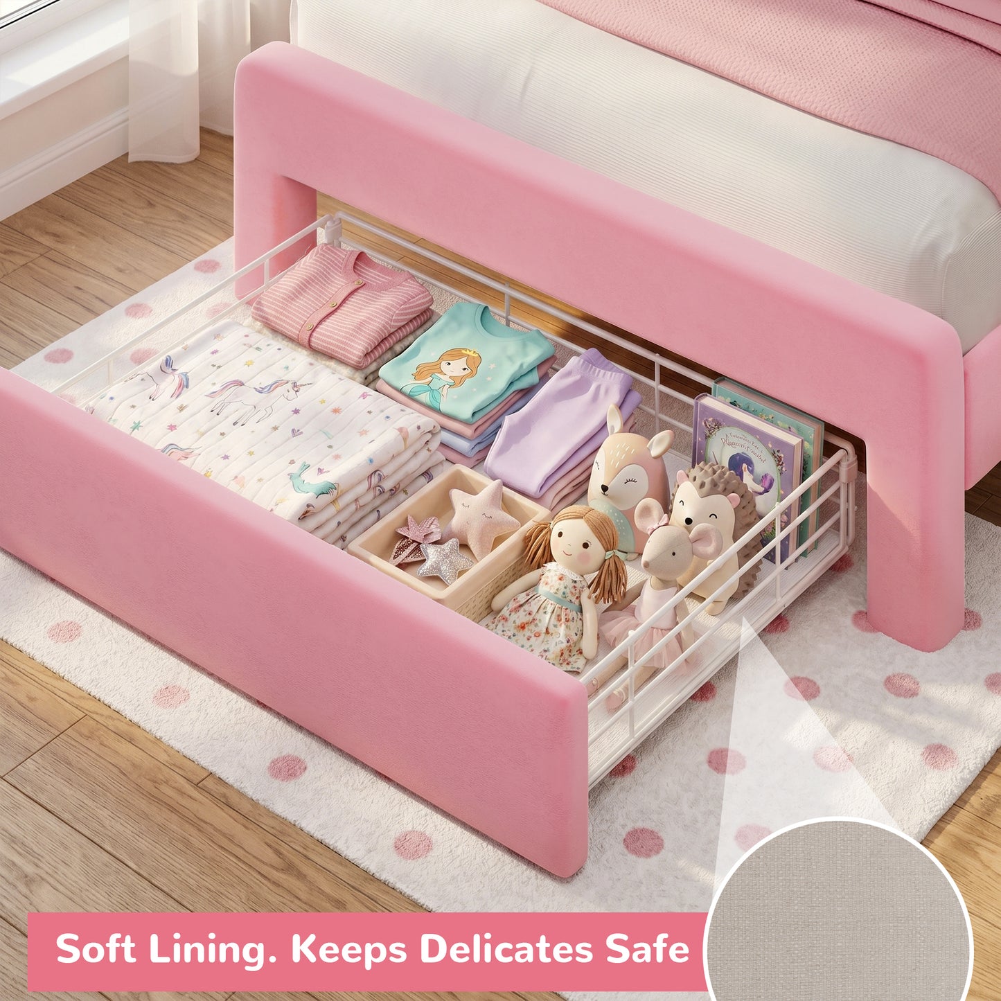 Hijob Pink Velvet Upholstered Platform Twin Size LED Bed Frame with Drawer Adjustable Lighted Headboard for Girls Kid's Bedroom