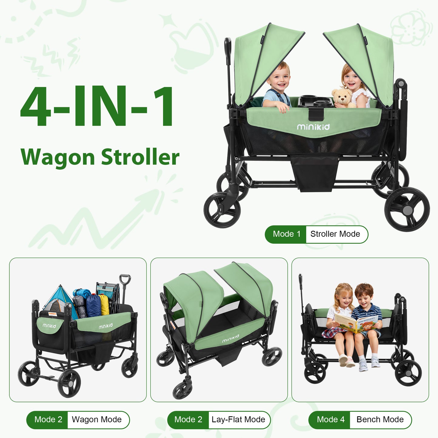 Minikid Baby Stroller Wagon With Canopy,Organizer,Adjustable Handle & Pull Bar for Infants and Toddlers,Green