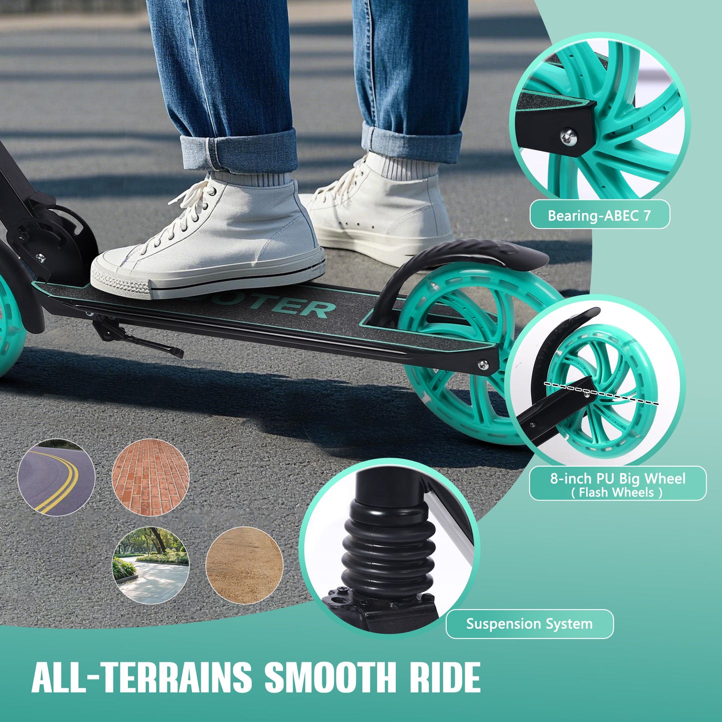 Skyhot Kick Scooter for Ages 6+, Sturdy Wide Deck Rear Brake Scooter for Teens