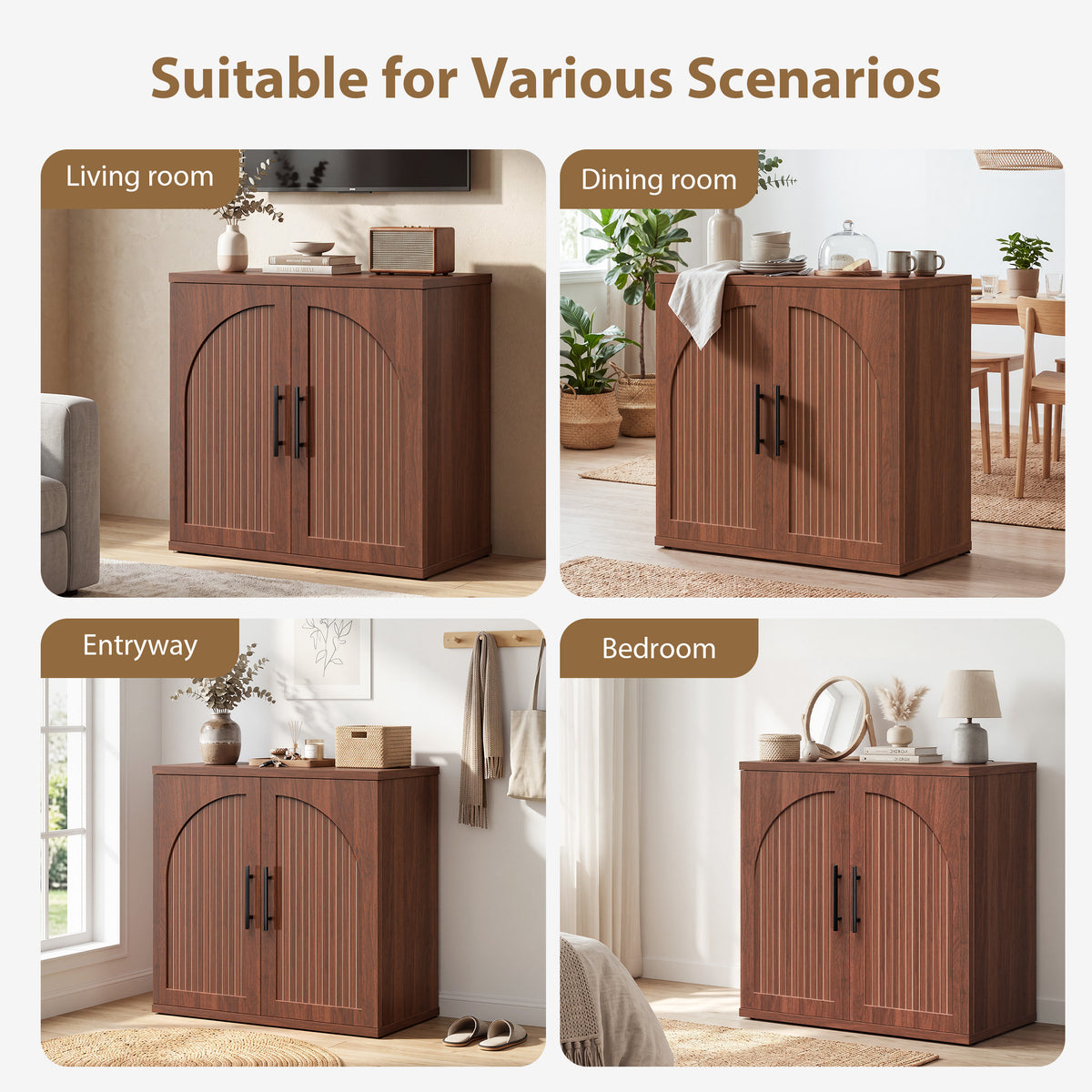 Hijob 31.5" Wide Sideboard with Arched Grooved Double Doors, Buffet Cabinet with Adjustable Shelves for Entryway, Living Room and Dining Room, Walnut