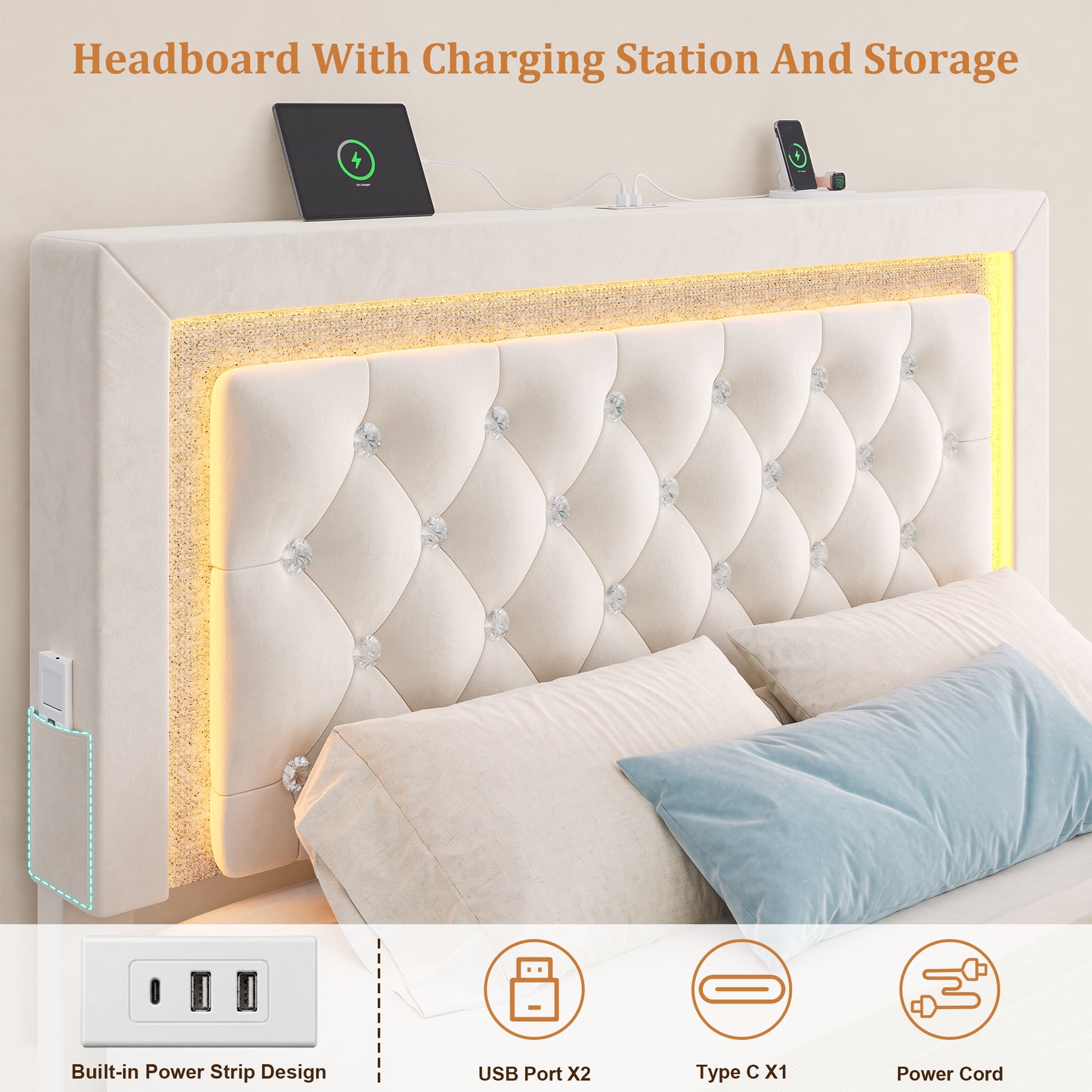 Hijob Queen Bed Frame with Headboard, Beige Velvet Tufted Headboard and 2 Storage Drawers, No Box Spring Needed, Built in Charging Station & LED Lights, Light Beige