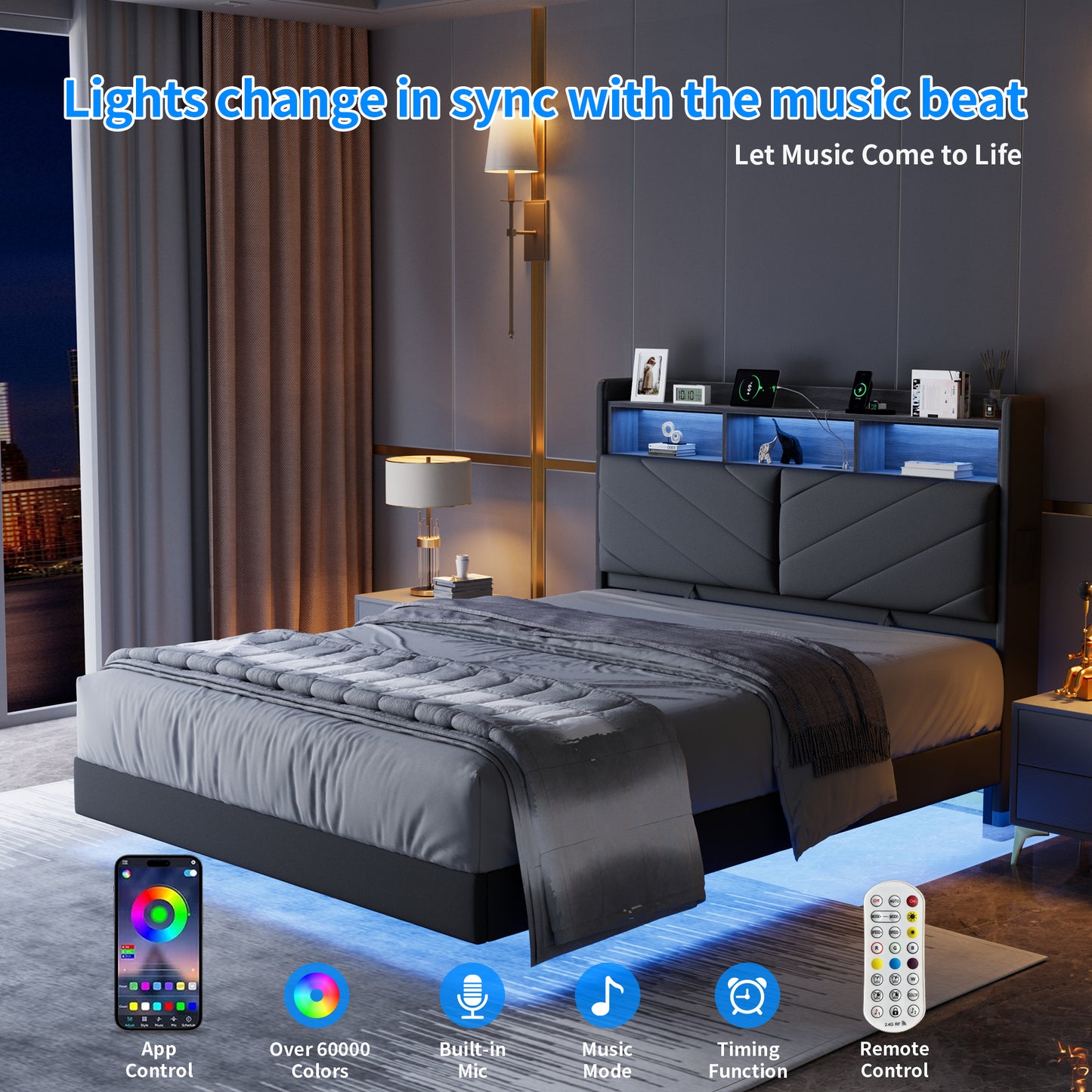 Anyact Full Size Floating Bed Frame with LED Upholstered Platform, Velvet Bed Frame & Ergonomic Storage Headboard, Charging Station, Gray