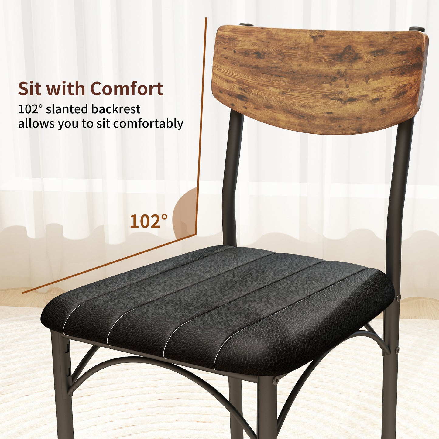 Hijob Dining Chair Set of 4, PU Leather Dining Room Chairs, Rustic Kitchen Armless Side Chair with Iron Legs, Black&Brown