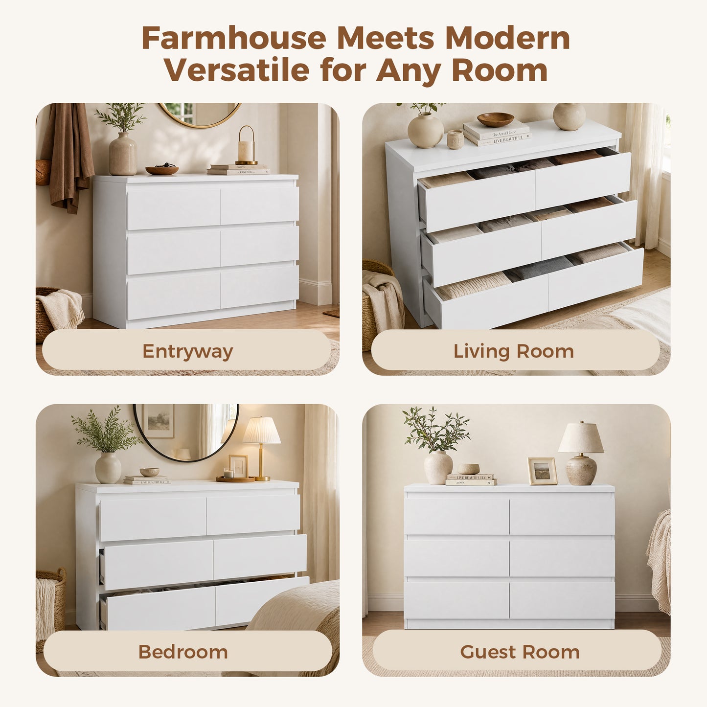 Hijob 6-Drawer Dresser, Modern White Dresser 47.3" Wide Sturdy Simply Chest of Drawers, Handle-Free Storage Organizer and Deep Drawers for Bedroom Living Room Entryway, White