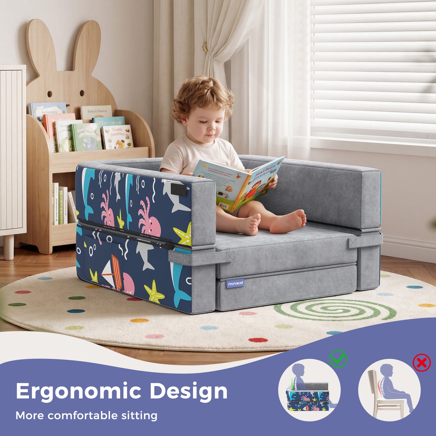 Minikid 3-in-1 Toddler Travel Bed,Foldable Kid Toddler Sofa Bed for Kids Camping Vacation,Memory Foam Filling,Grey