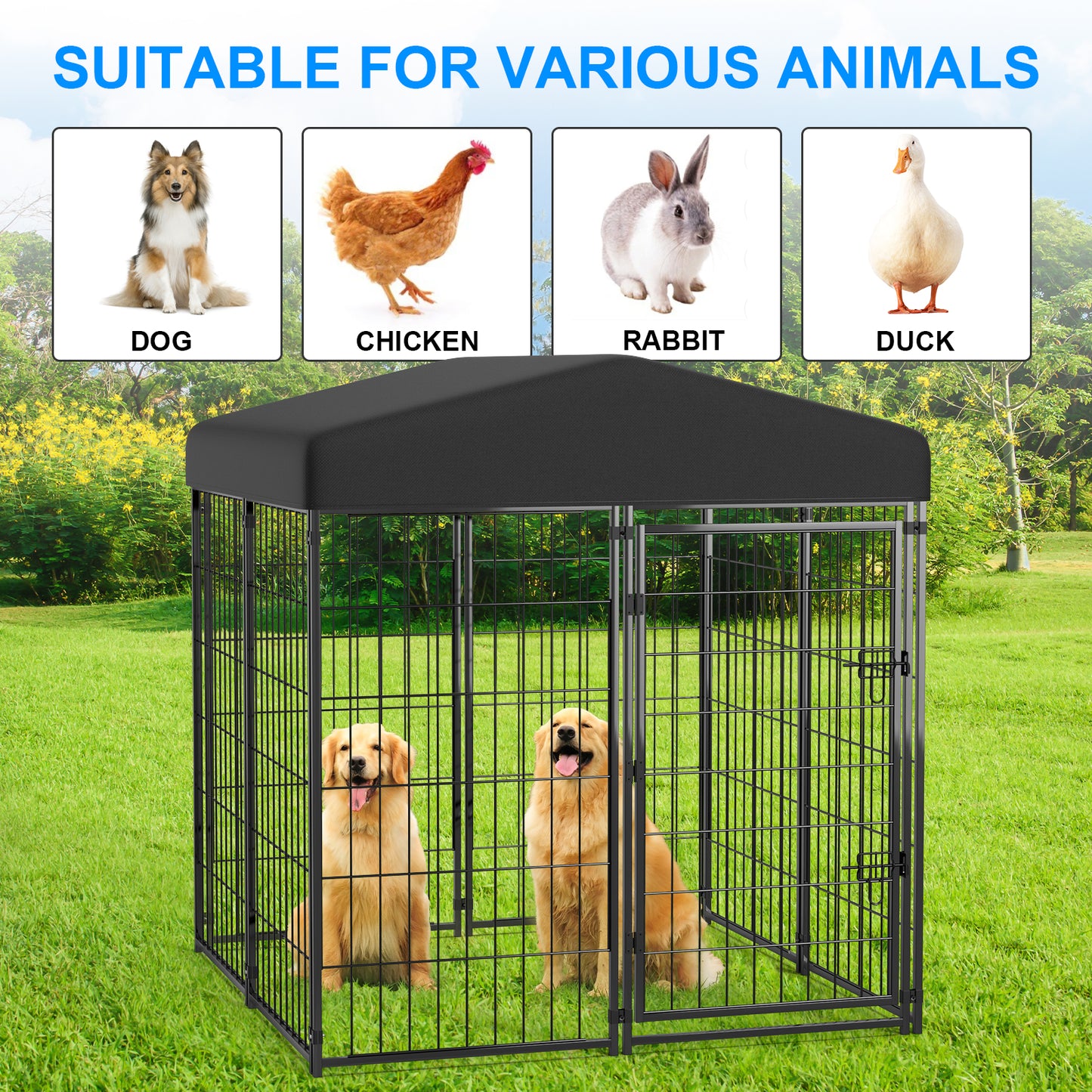 Vipuse 4FT x 4FT x 4.5FT Large Dog Kennel Playpen with UV-Resistant Waterproof Roof, Heavy Duty Metal Outdoor Pet Crate Fence for Cat Duck Chicken