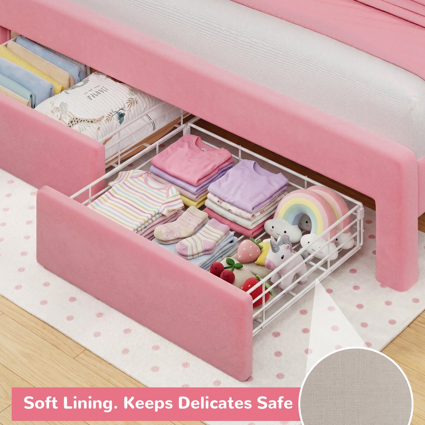 Hijob Pink Velvet Upholstered Platform Full Size LED Bed Frame with Drawer Adjustable Lighted Headboard for Girls Kid's Bedroom, Pink