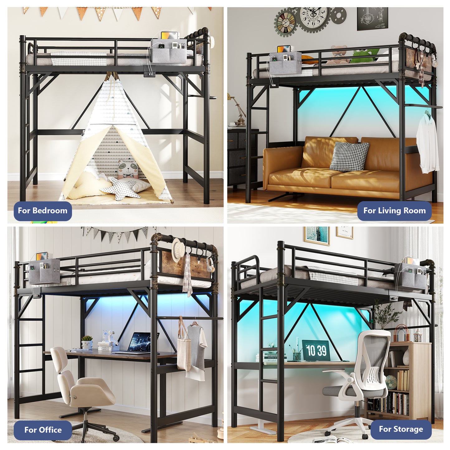 Hijob Twin Size Loft Bed with Removable Charging Station, LED Lights, Industrial Heavy Duty Metal Twin Loft Bed with Multi-functional Fabric Storage and Safety Guard Rails for Space, Black