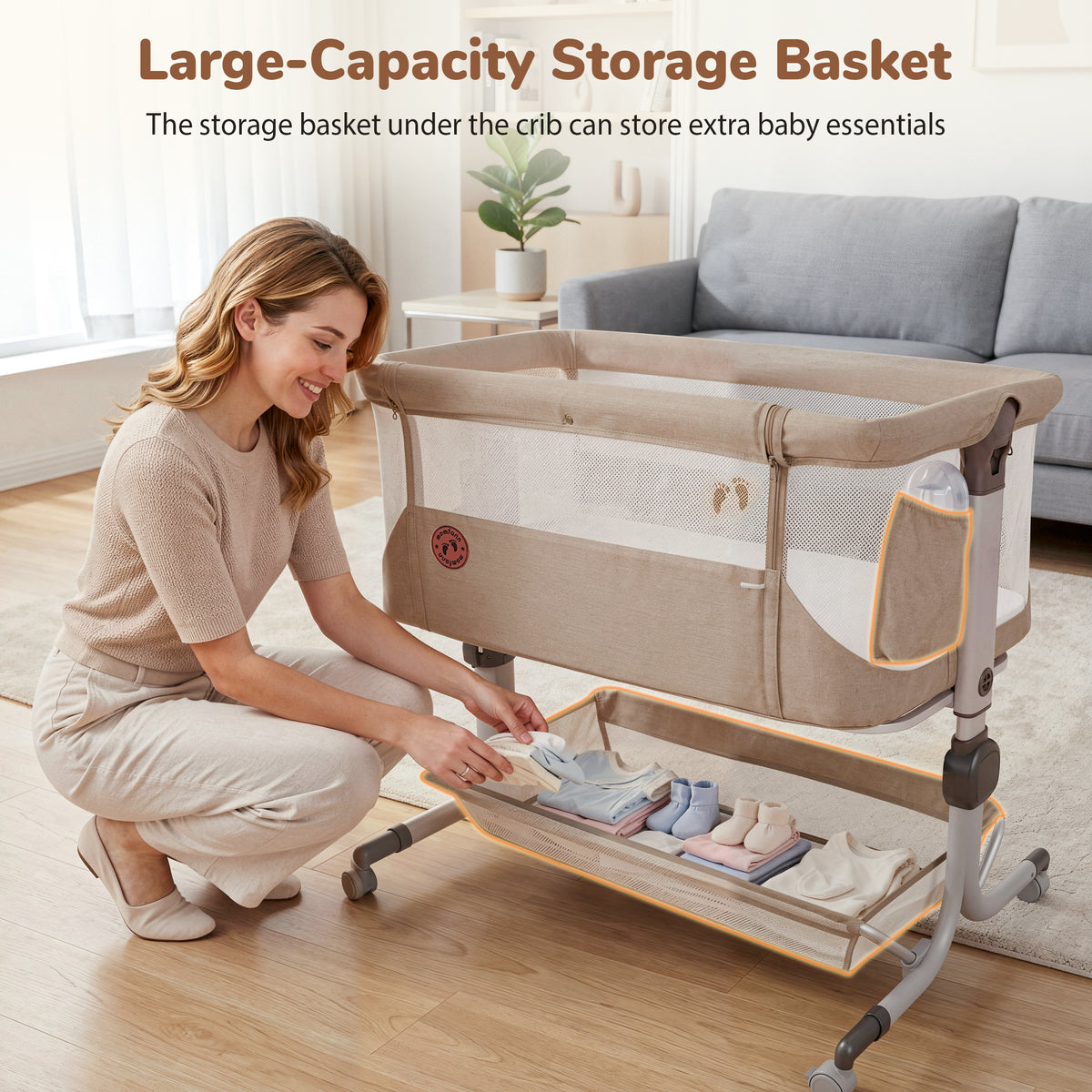 Vipuse 3-in-1 Baby Bassinet Bedside Sleeper, 6 Height Adjustments, Full Mesh Breathable, Portable Newborn Baby Crib with Storage Basket,Oatmeal