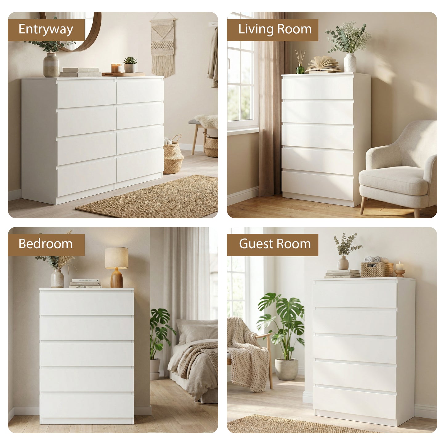 Hijob 5 Drawer Dresser, Modern Storage Cabinet for Bedroom, 40" Tall Chest Mid Century Vertical Dresser w/Natural Texture of Drawers for Living Room, Bed room, White