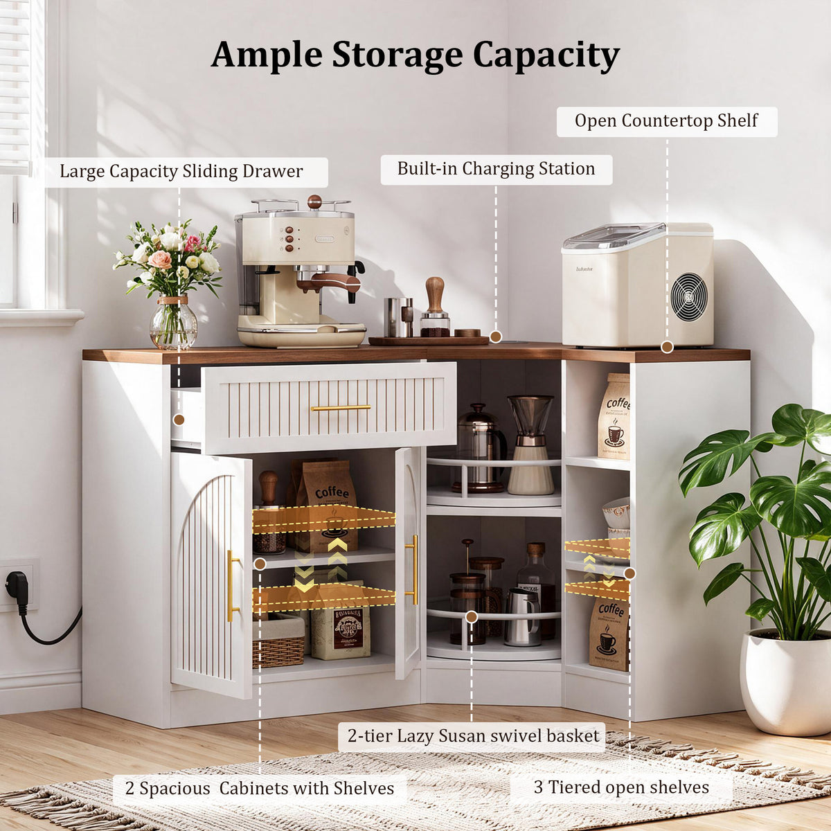 HiJob 47.3" Wide Corner Coffee Bar Cabinet with Charging Station and 2-Tier Lazy Susan, L-Shaped Kitchen Fluted Buffet Sideboard with Drawer and Microwave Shelf, White