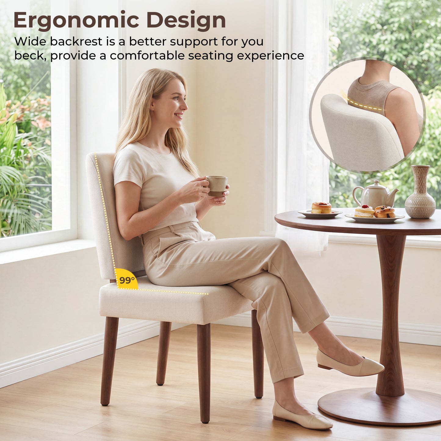 Hijob Upholstered Dining Chairs set of 2, Mid-Century Modern Solid Wood Legs Kitchen Chairs with Padded Seat & Backrest, Beige Fabric Accent Chairs for Dining Room, Living Room, Bedroom