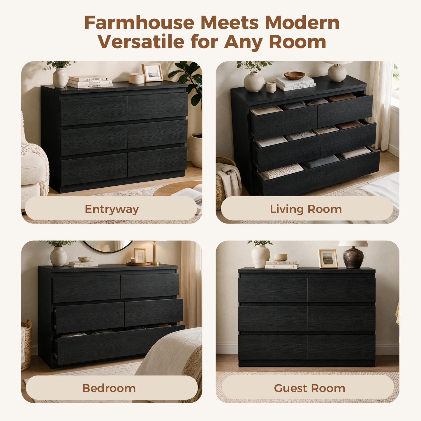 Hijob 6-Drawer Dresser, Modern Dresser 47.3" W x 15.4" D x 32.3" H Sturdy Simply Chest of Drawers, Handle-Free Storage Organizer and Deep Drawers for Bedroom Living Room Entryway, Black