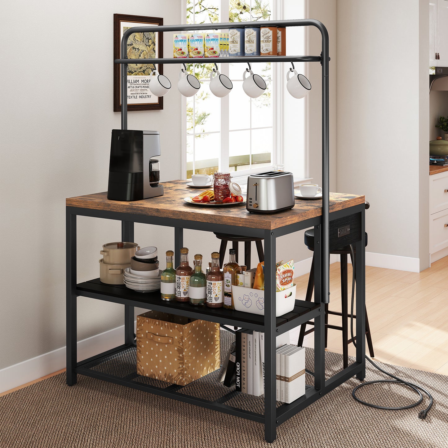 Anyact Kitchen Island with Power Outlet&5 Hooks, Bakers Rack with Storage,Industrial Coffee Bar Table for Kitchen Dining Living Room(Vintage Brown)