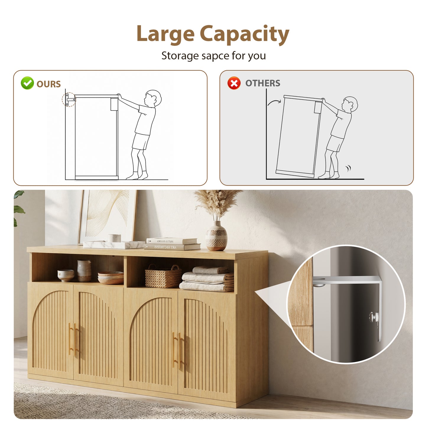 Hijob Modern Fluted Sideboard Cabinet, 63" Width Sideboard with Metal Handle w/Curved Profile Design, Open Shelf Sideboard, Natural Oak