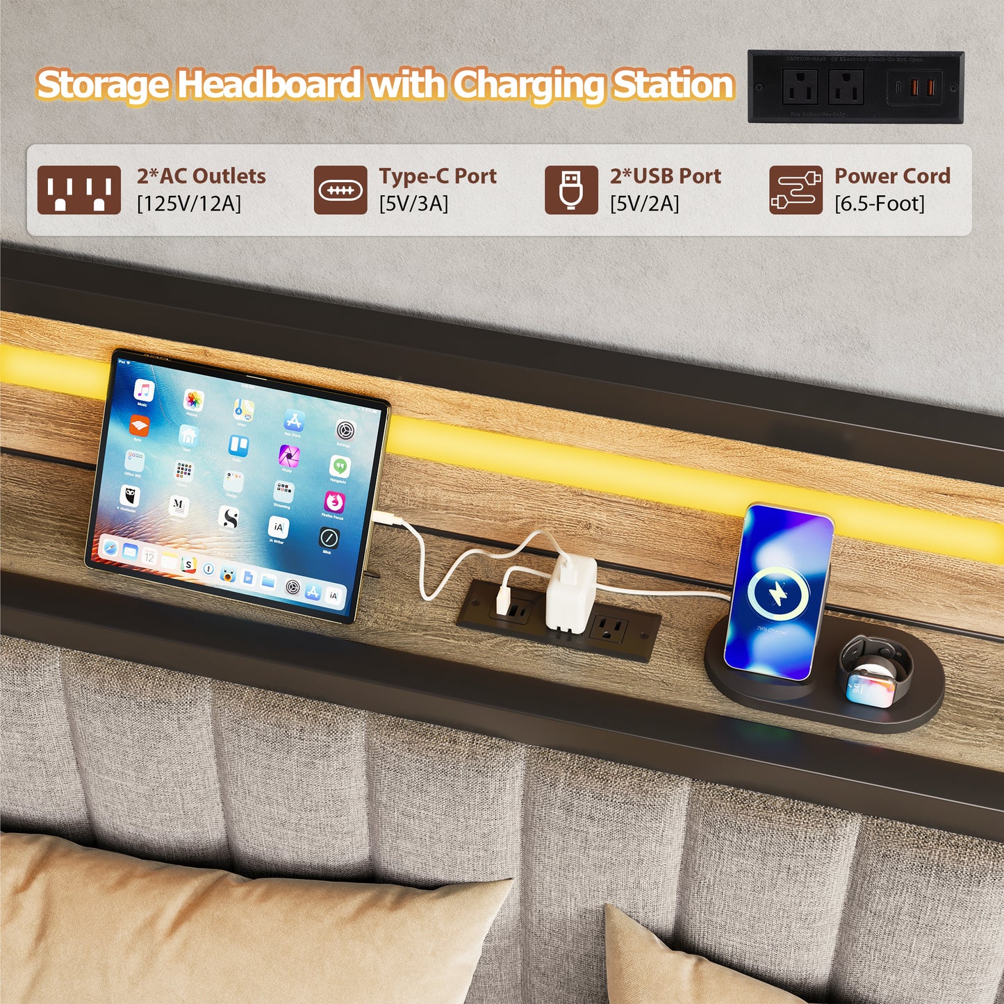 Anyact Twin Daybed with Side Table, Heavy Duty Metal Bed Frame with Pop Up Trundle, LED Lights Charging Station Upholstered Storage Headboard, Twin Sofa Bed for Living Room Bedroom Guest Room, Gray