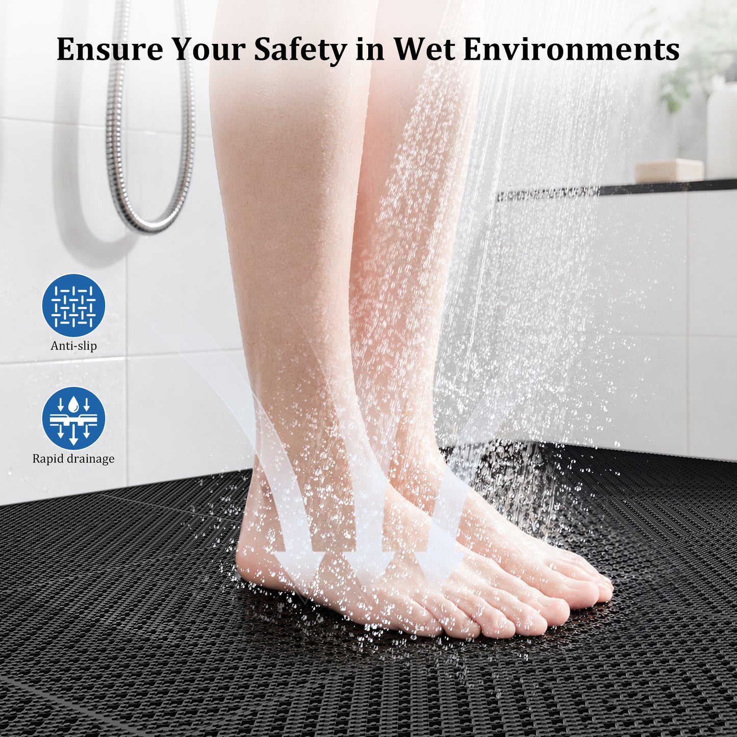 Vipuse 60PCS Interlocking Tile Cushion,12" x 12" Drainage Floor Mats, Soft PVC Non-Slip Tiles with Drainage Holes for Wet Areas like Bathrooms, Kitchens, Pools, and Restrooms, Black
