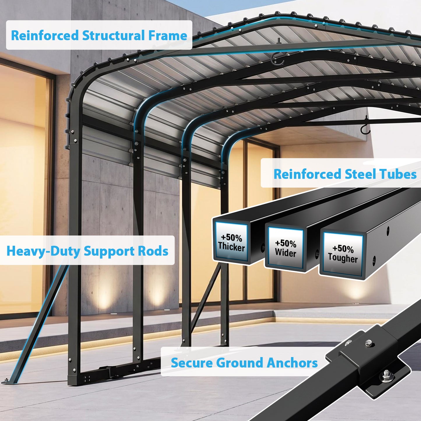 Cocosity 10x15 FT Outdoor Metal Hardtop Carport with All-Weather Galvanized Steel Roof, Multi‑Use Heavy Duty Car Shelter with Reinforced Ground Anchors for Cars, Boats, Tractor, Black