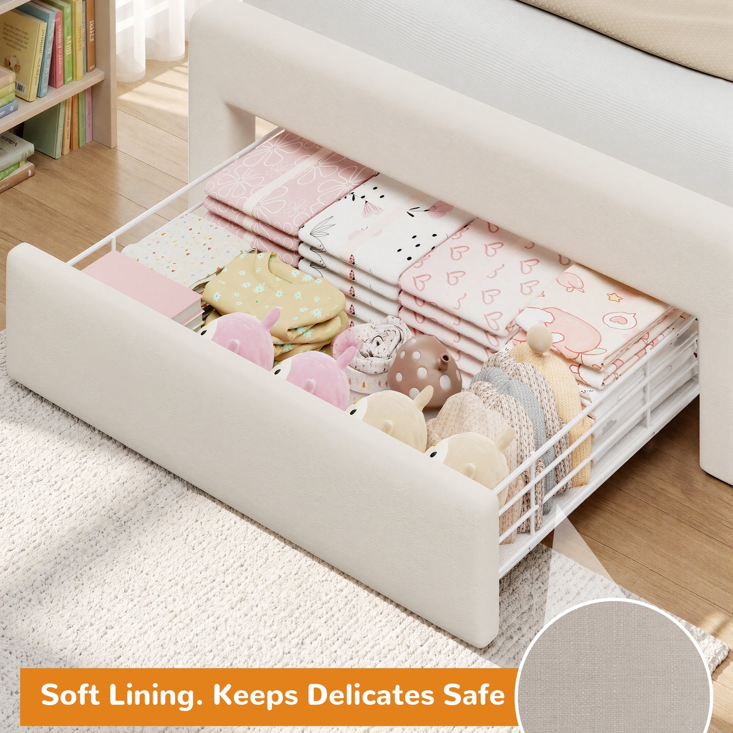 Hijob Beige Velvet Upholstered Platform Twin Size LED Bed Frame with Drawer Adjustable Lighted Headboard for Girls Kid's Bedroom