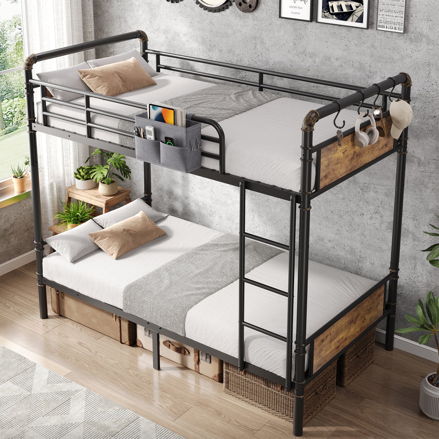 Hijob Twin over Twin Bunk Bed(Convertible into 2 Seperate Beds),Antique Heavy Duty Metal Bed Frame with Storage Bag&Hooks for Adults Teens,Black&Brown