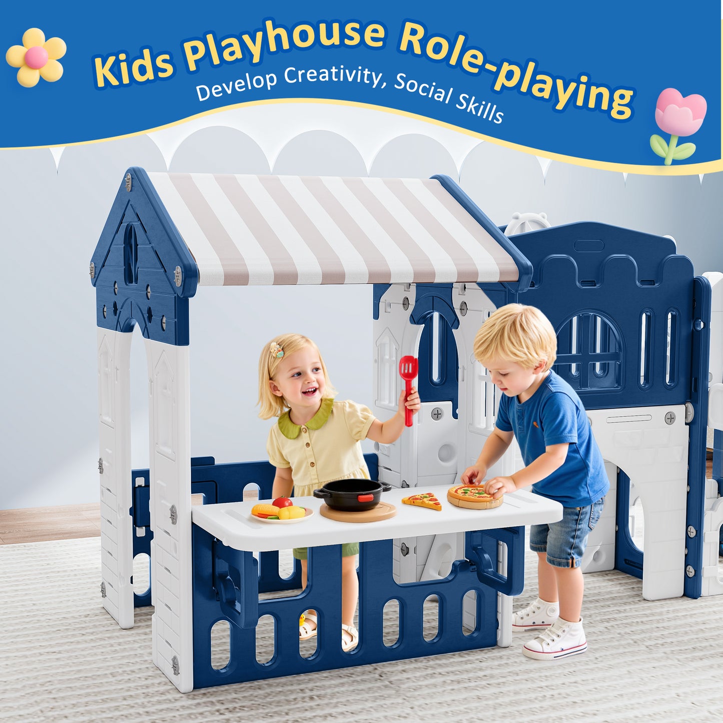 WFUN 9 in 1 Indoor Infant Toddler Playground Slides Playset for Backyard Home, Blue & Gray