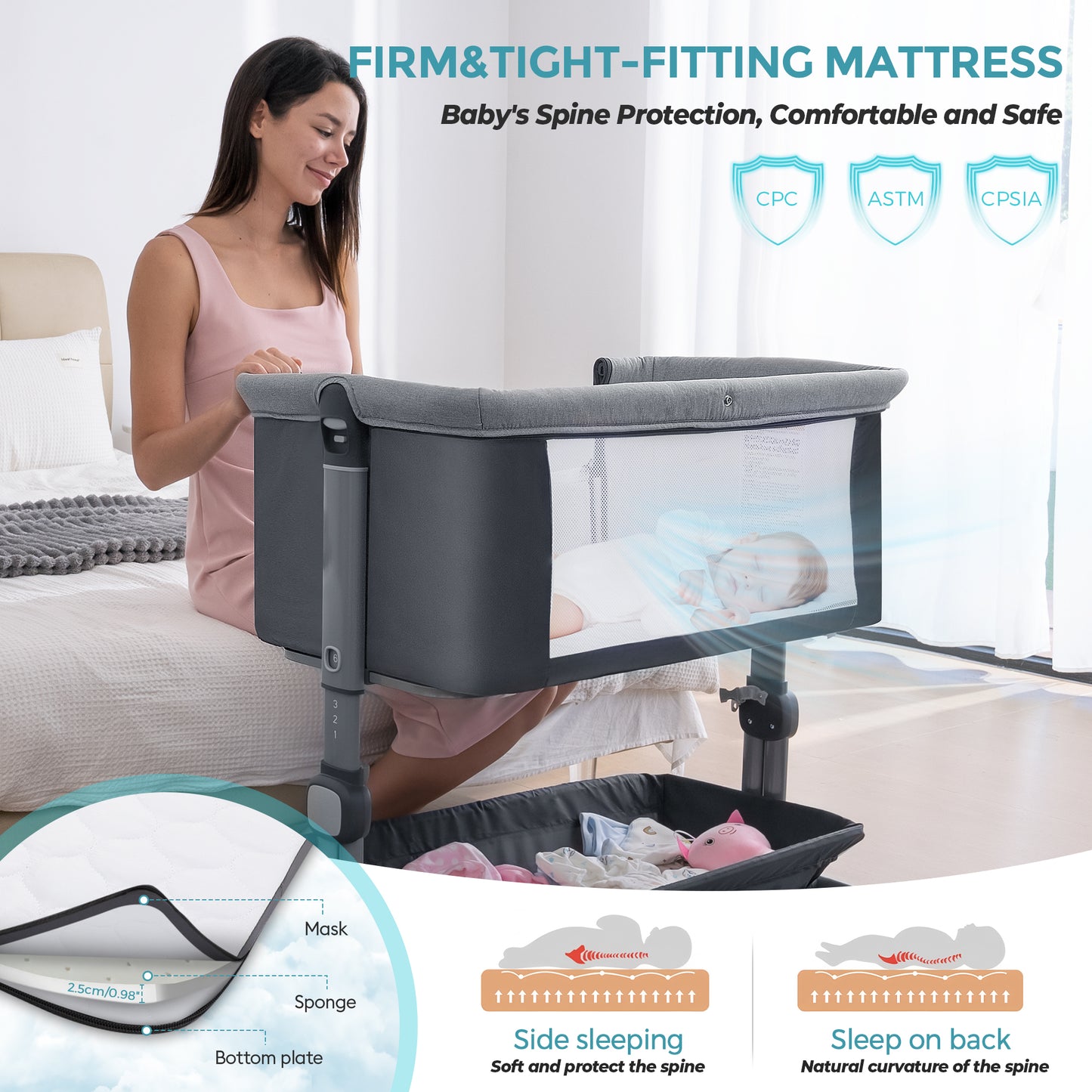 Anyask Baby Bedside Bassinet with 6 Height Adjustable & Mosquito Net & Storage&Lockable Wheels for Infants, Dark Grey