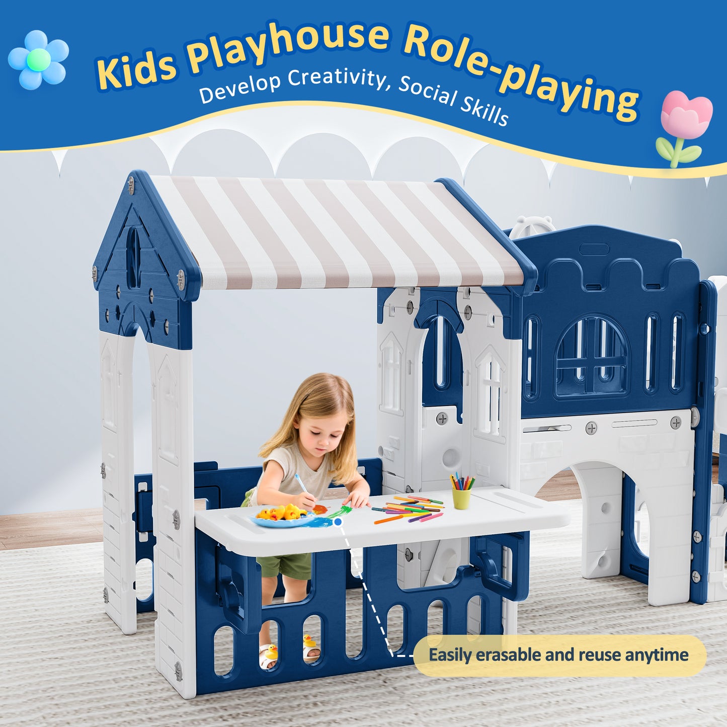 WFUN 9 in 1 Indoor Infant Toddler Playground Slides Playset for Backyard Home, Blue & Gray