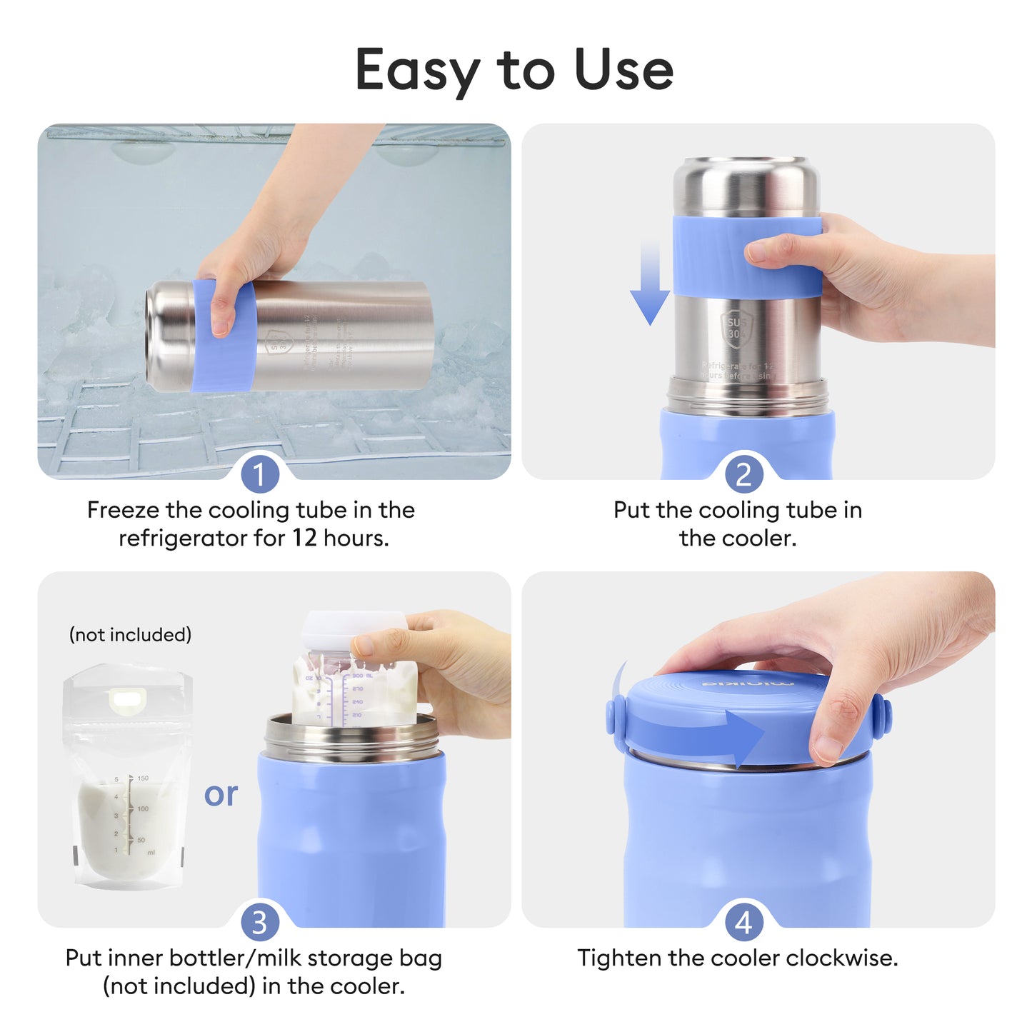 Minikid Portable Breast Milk Cooler,24H+ Extended Outdoor Cooling,20 OZ Travel Breastmilk Chiller with 2Pcs Baby Bottles for Breastmilk Storage,Blue-Purple