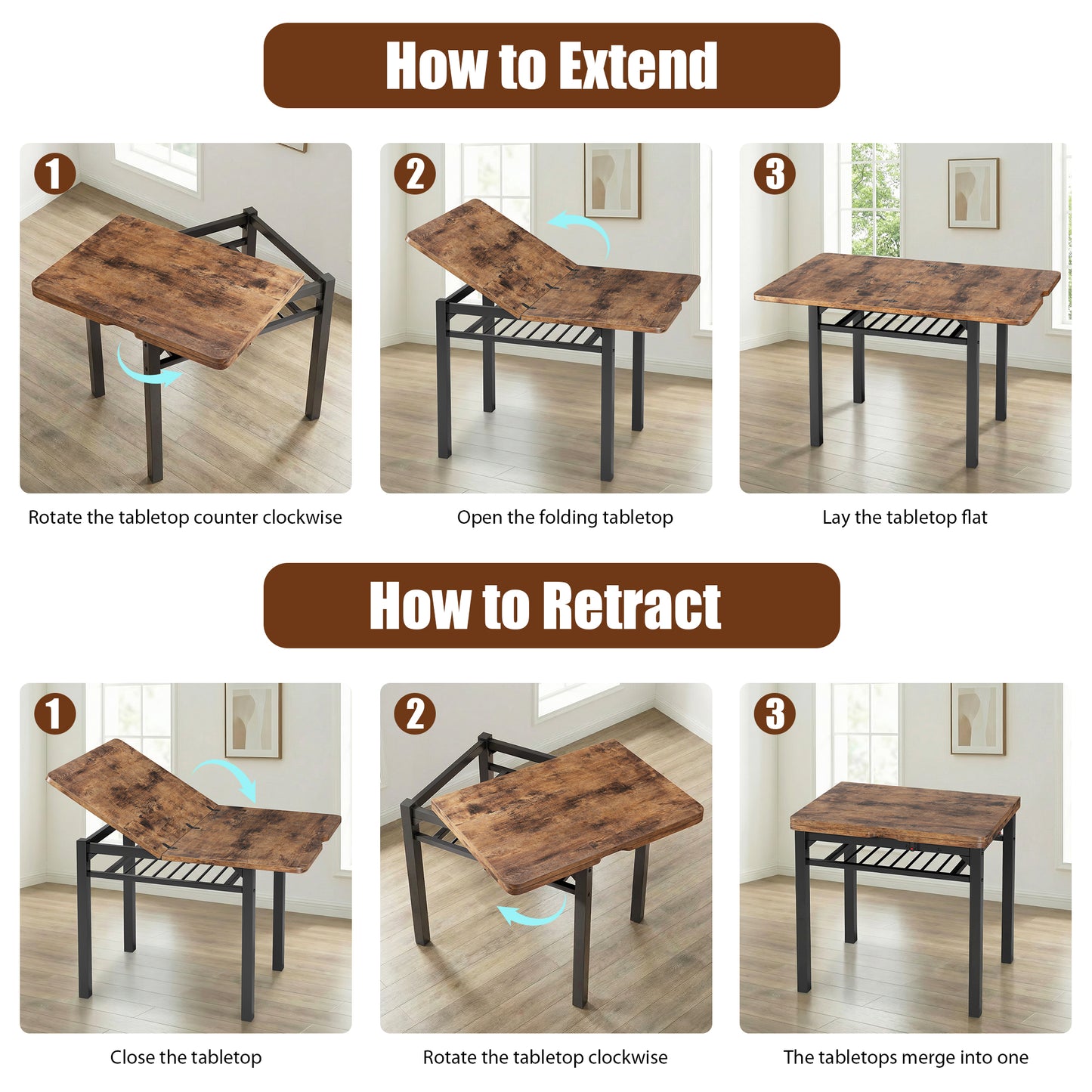 Anyact 47in Extendable Dining Table, Dining Table for 2-6, Kitchen Dining Room Table with Storage Shelf, Space Saving Expandable Wood Square Dinner Furniture(Only Table)