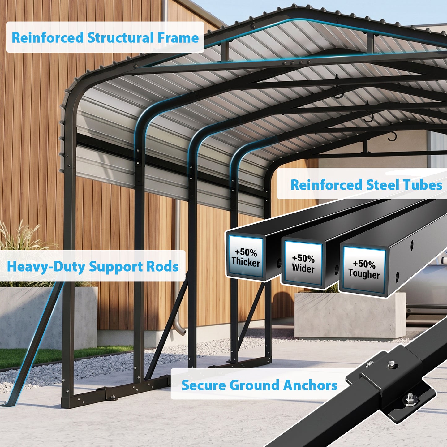 Cocosity 12x20 FT Metal Carport with Galvanized Steel Roof, Heavy Duty Outdoor Hardtop Car Shelter with Reinforced Ground Anchors for Cars, Boats, Tractors and Trailers Black