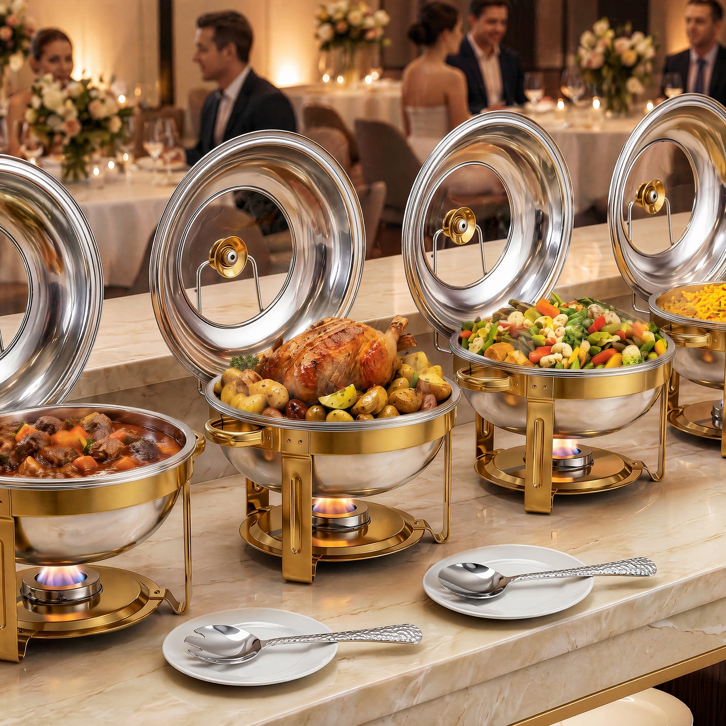 Vipuse Chafing Dishes for Buffet, 4 Pack 5QT Round Stainless Steel Chafing Dish Set for Home Parties, Christmas Gatherings, Catering Events Complete Buffet Warmer Set, Golden