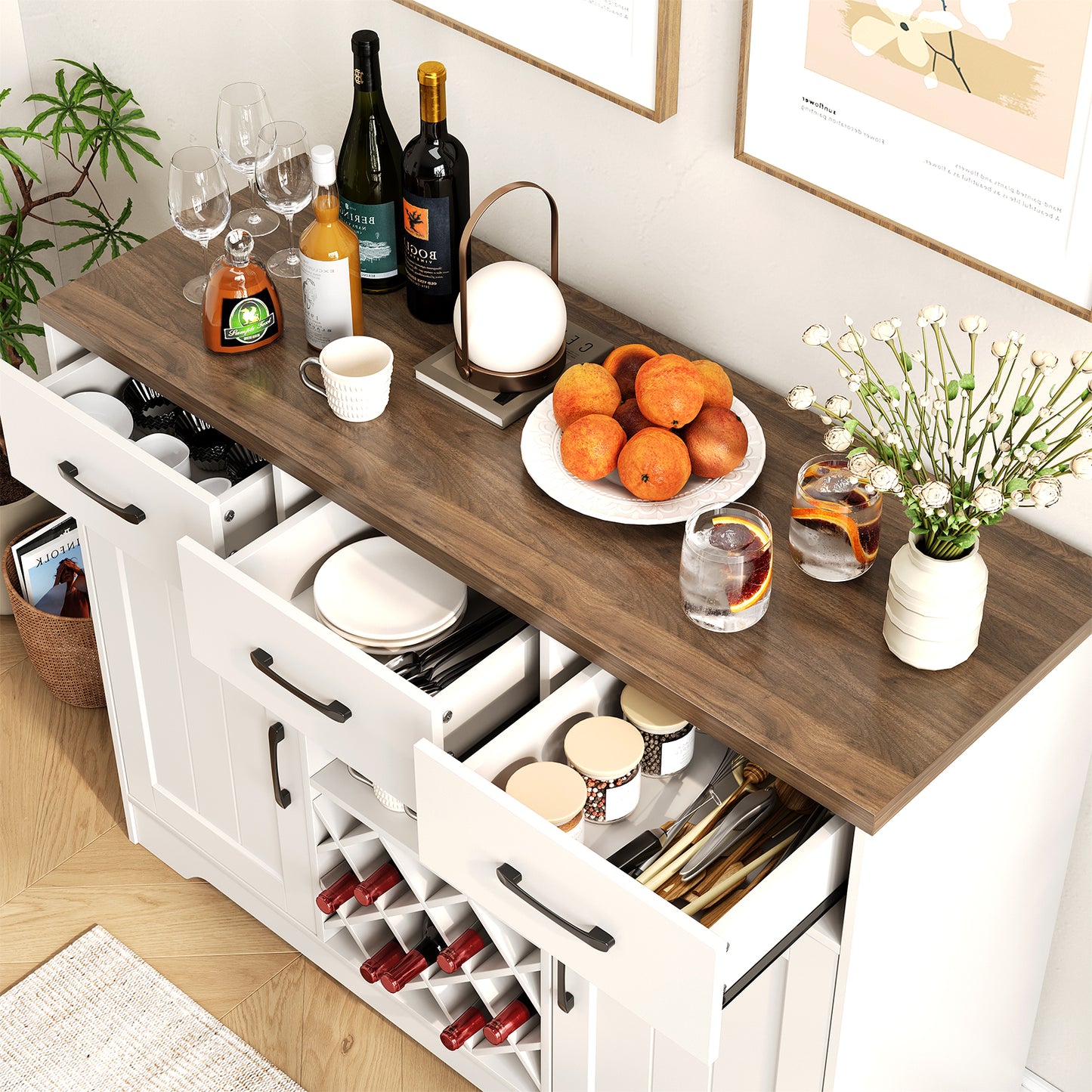 Nifamembo Modern Sideboard Buffet Cabinet w/Wine & Glass Rack, 3 Drawers with 2 Adjustable Shelf for Kitchen