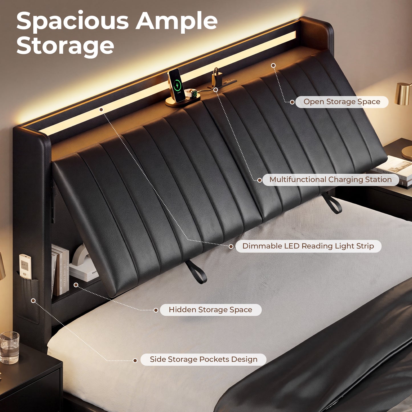 HiJob Queen Size Floating Bed Frame with Reclining PU Leather Storage Headboard, 3 Adjustable Positions, RGB LED Lights, Charging Station, Heavy Duty Platform Bed