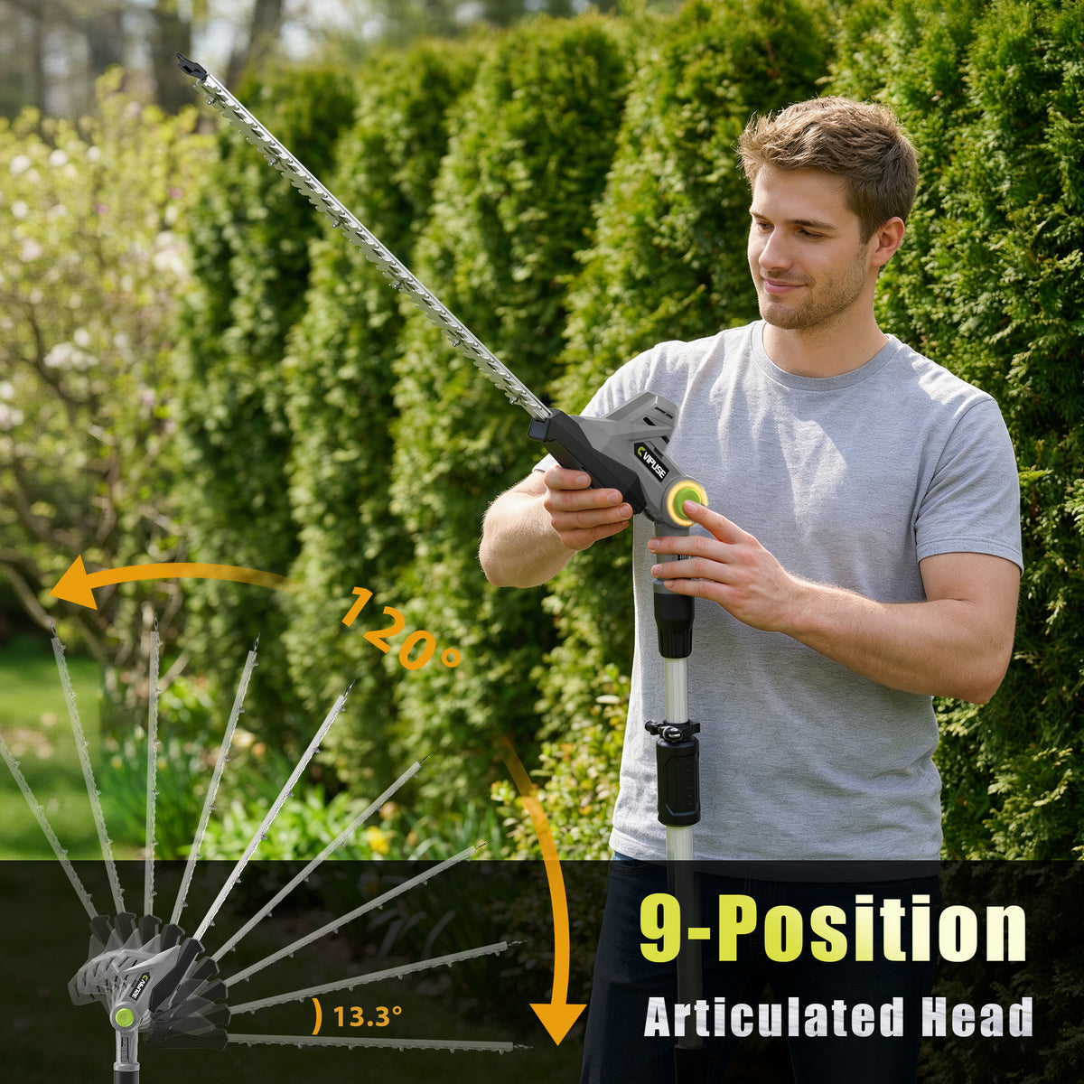 Vipuse Pole Hedge Trimmer Cordless, Electric Bush Trimmer Tool with 21" Dual-Action Blade, Detachable Telescoping Pole, 4.0Ah Battery, Powerful Branches Cutter for Tree & Shrubs Pruning