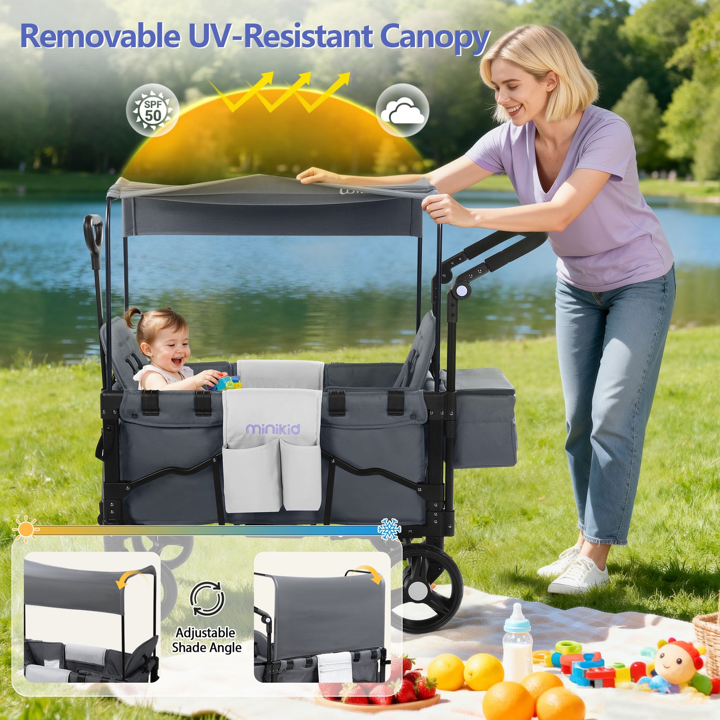 Minikid Stroller Wagon for 2 Kids, Baby Wagon Stroller with Adjustable Handle for Infants and Toddlers Includes Canopy & Organizer, Foldable and Convenient for Storage
