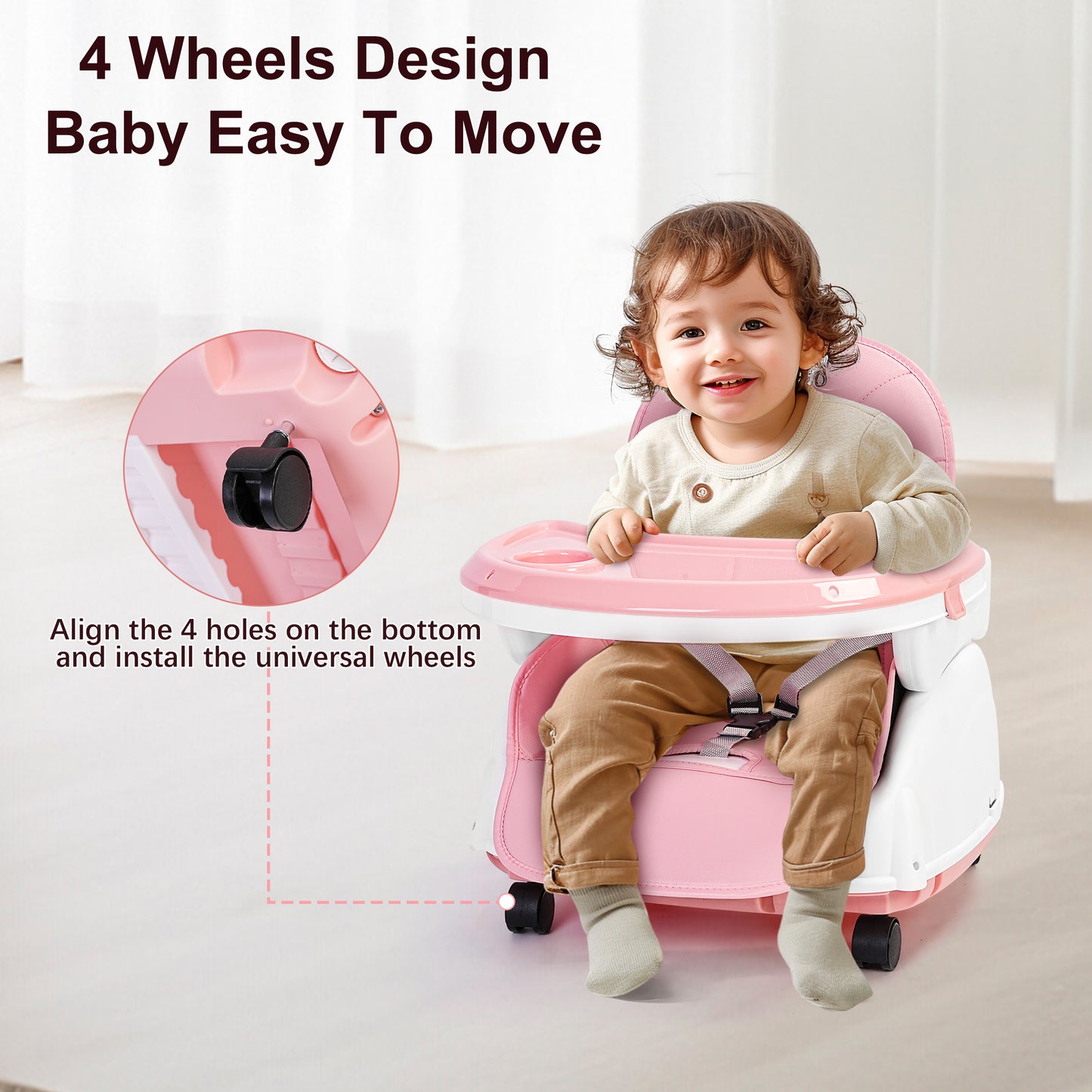 Welbabel Baby High Chair,5-in-1 Convertible Highchair for Babies and Toddlers with 3-Point Seat Belt,Double-layer Dinner Plate,Baby Seat for Walk,Pink