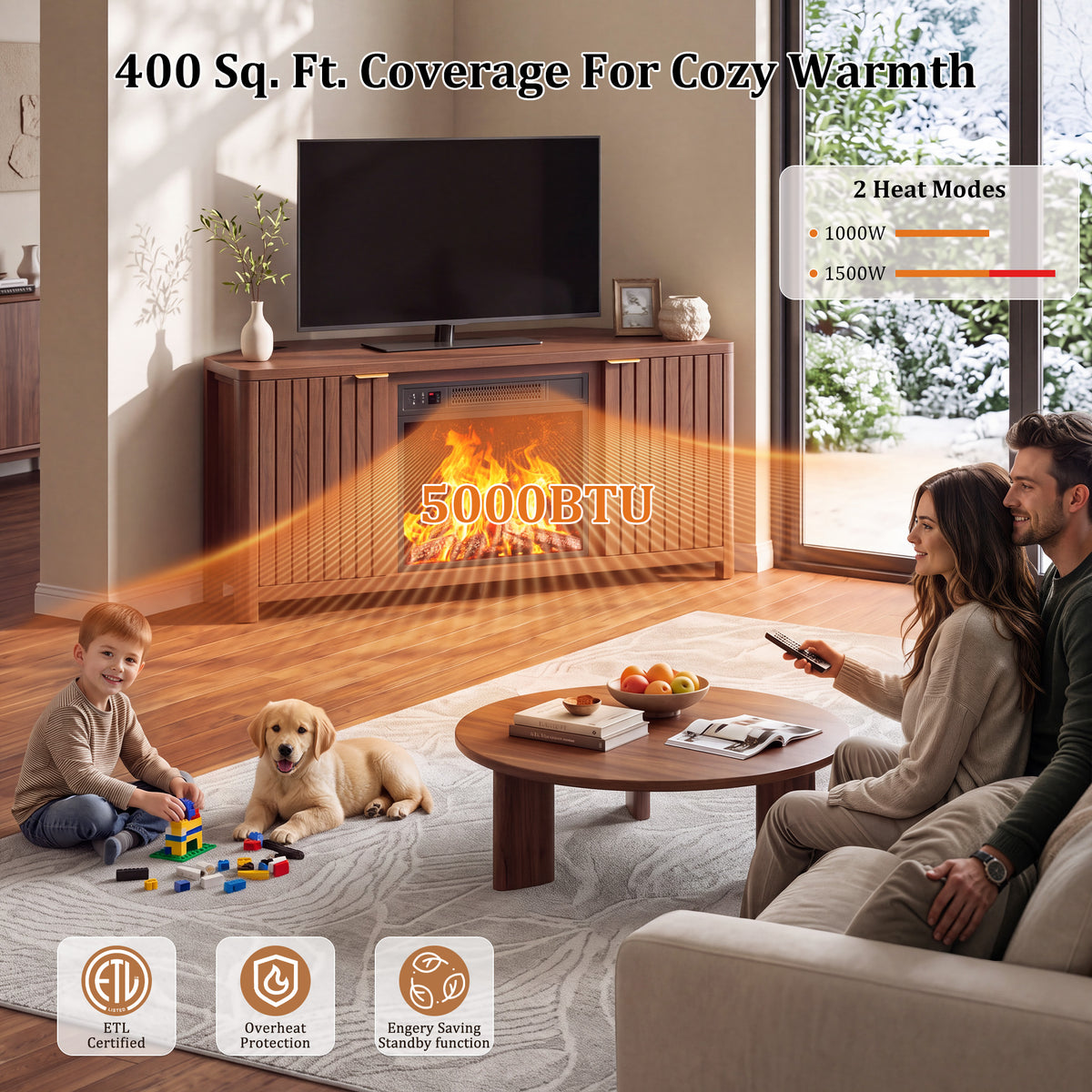 HiJob Electric Fireplace TV Stand with 18" Fireplace for 65" TVs, Holds up to 330 lbs, Corner Fireplace Entertainment Center with Charging Station, Walnut