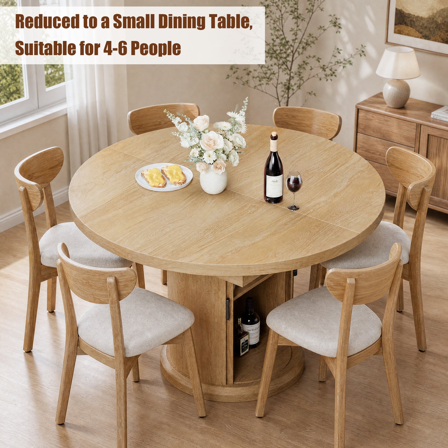 Hijob 47″–63″ Extendable Dining Table with 2 Tier Storage Cabinet - Oval Dining Table Convertible Round Kitchen Table for 4-8 People, Natural