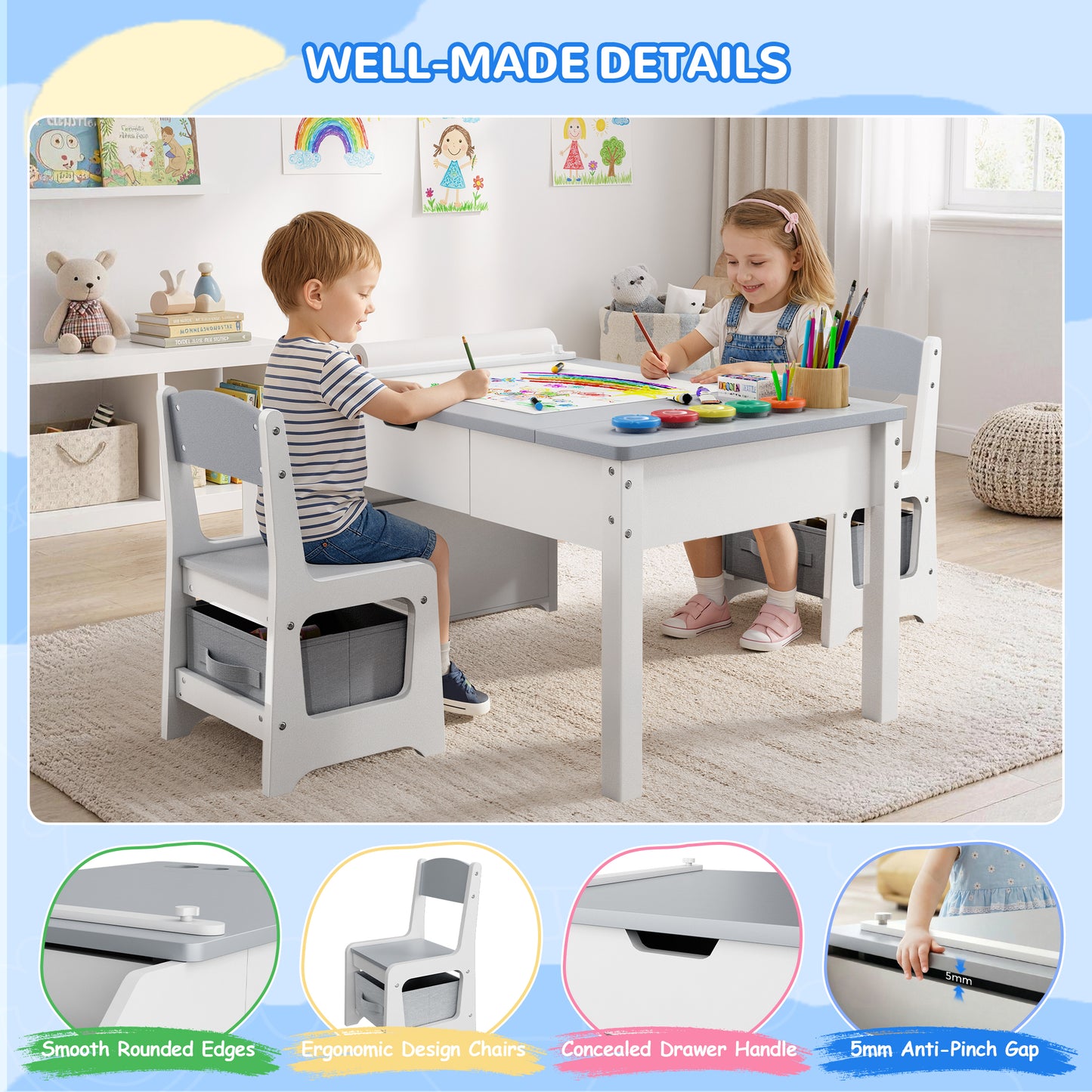 Hijob 5-in-1 Kids Art Table & Chair Set – Convertible Easel with Paper Roll Holder, Storage Drawers & Foldable Craft Desk, Toddler Activity Learning Center for Playroom, Gray
