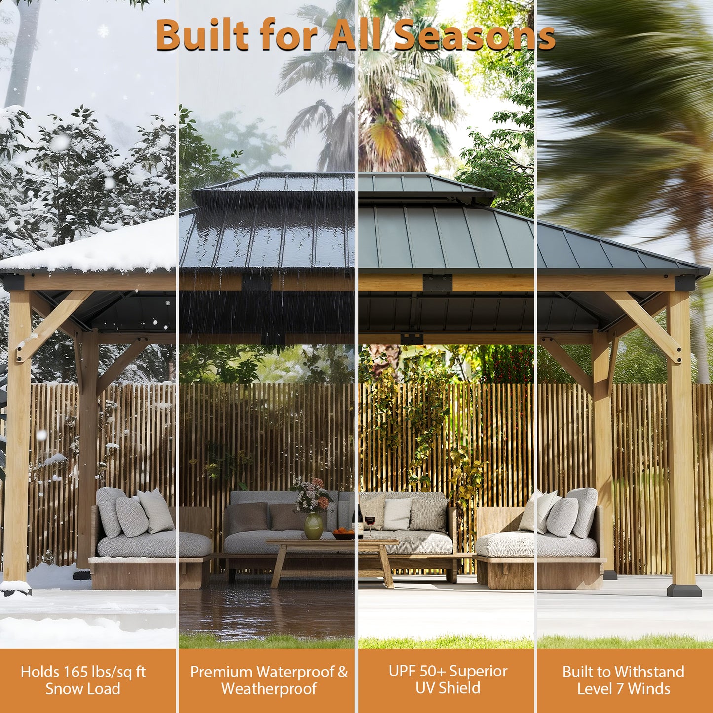 Cocosity 16FT(L) x 12FT(W) x 9.5FT(H) Outdoor Wood Gazebo, Hardtop Gazebo Permanent Wooden Pavilion with Galvanized Steel Double, Roof Snow Support for Patio, Garden, Deck, Cedar Wood