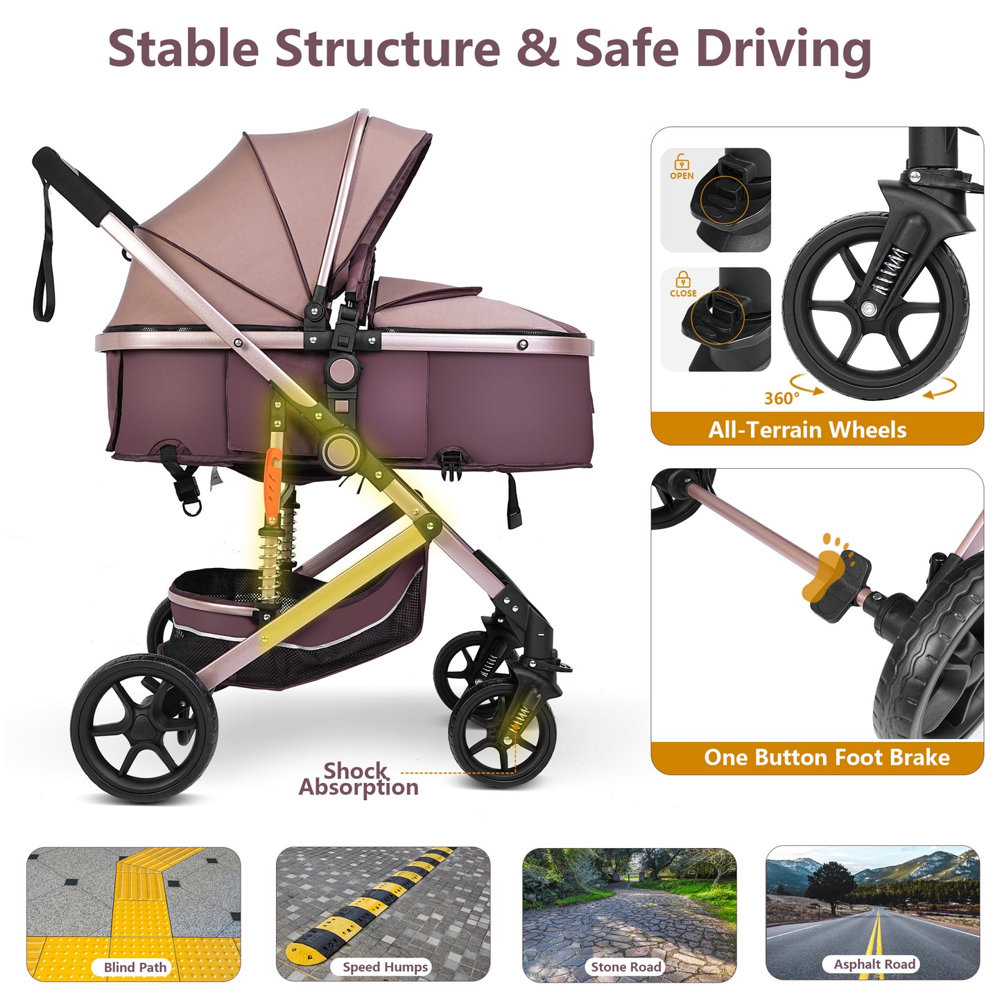 Welbabel Convertible Baby Stroller,Foldable Coches Para Bebes,Travel Stroller with Adjustable Canopy,Removable Footmuff, Adjustable Backrest,Newborn Bassinet Pram for 0-36 Months Baby,Brown