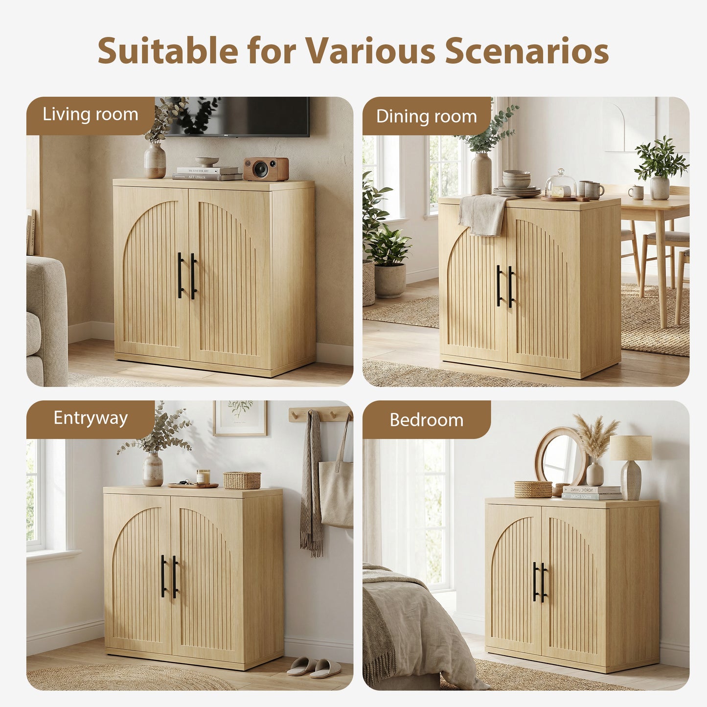 Anyact Modern 2 Door Sideboard, 32" Tall Sideboard Cabinet with Metal Handle w/Curved Profile Design, Wood Mid Century Vertical Dresser w/Natural Texture for Living Room, Natural Oak