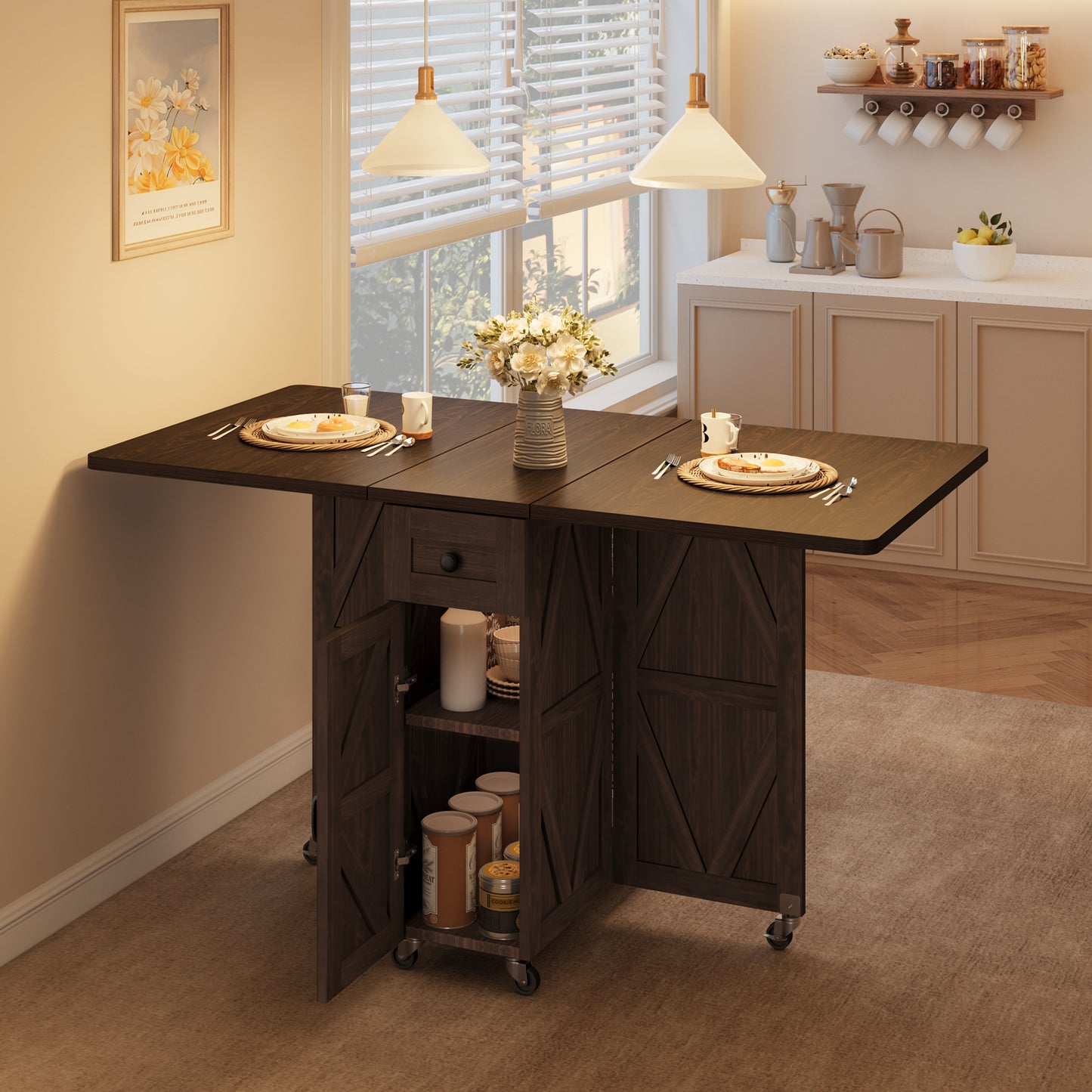 Anyact Folding Dining Table, Space Saving Dining Room Table, Folding Kitchen Table, Dark Walnut