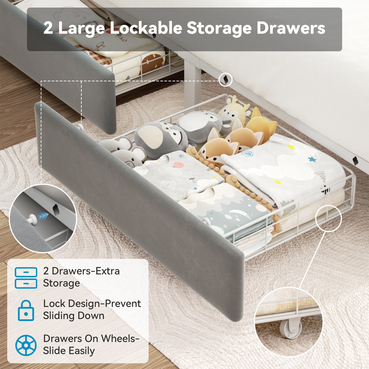 Anyact Full size Bed frame with 2 storage drawers and Headboard Metal Platform Bed Frame & LED Light Headboard, Built in Charging Station and Easy Assembly/Noise-Free, Gray